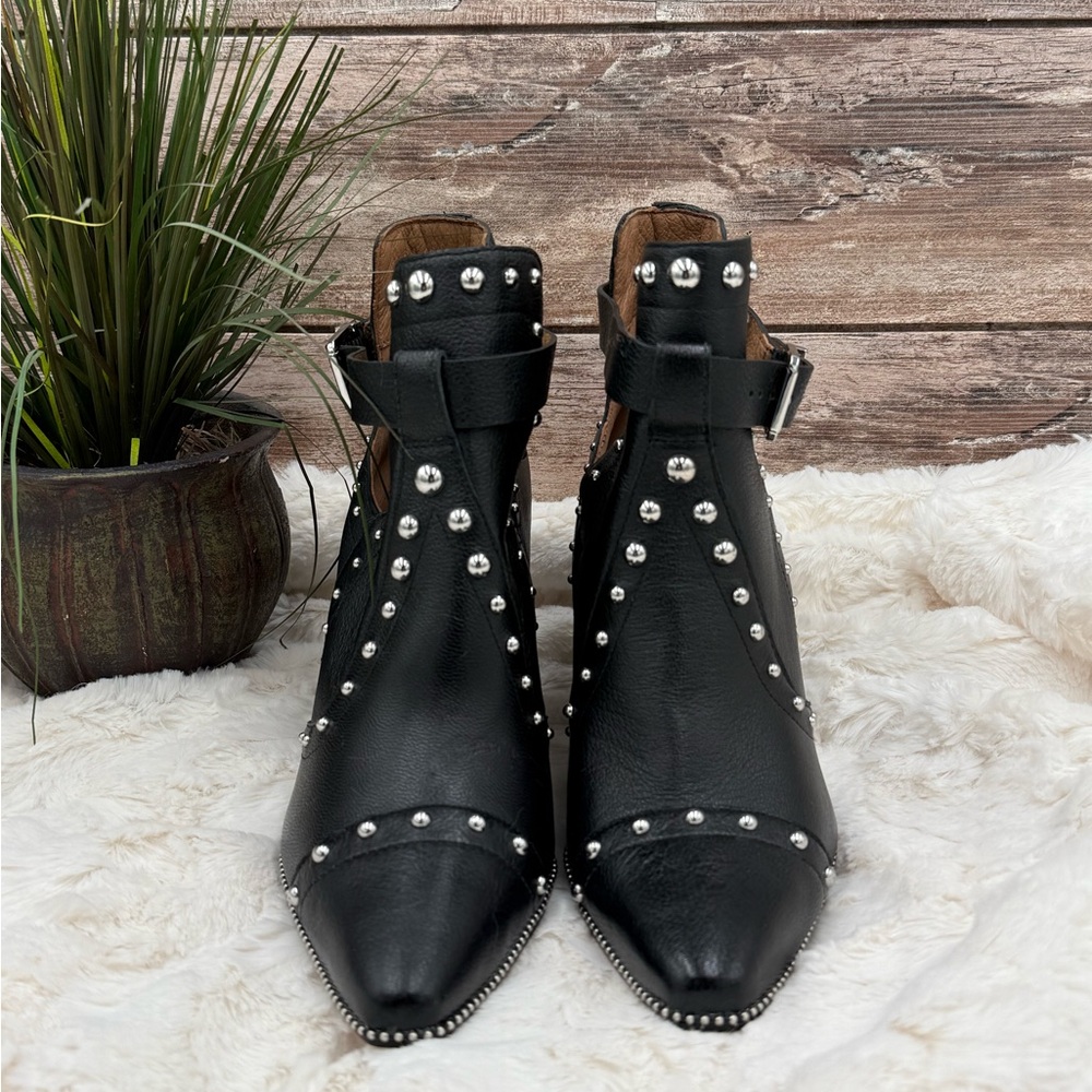 Antonio Melani Black Leather Block Heel Studded Ankle Boots with Buckle closure - Picture 4 of 16